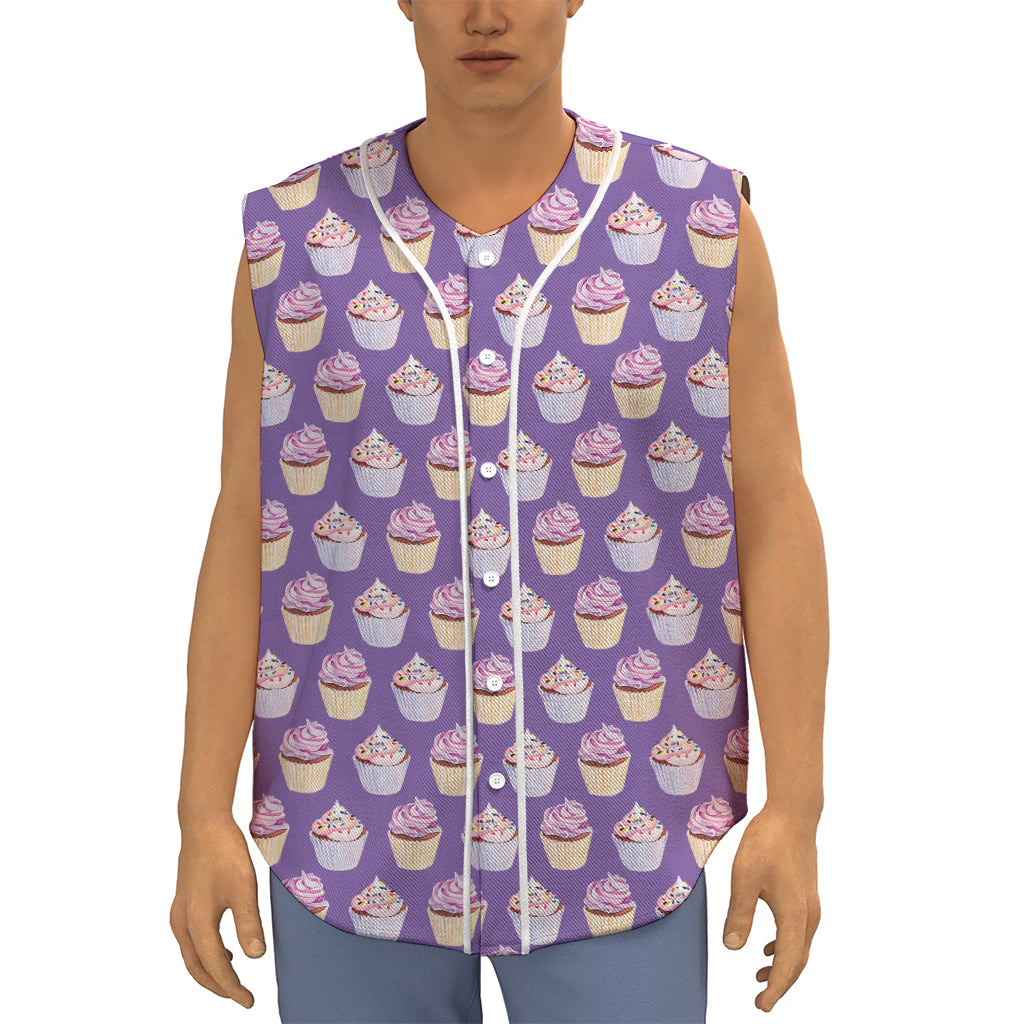 Purple Cupcake Pattern Print Sleeveless Baseball Jersey