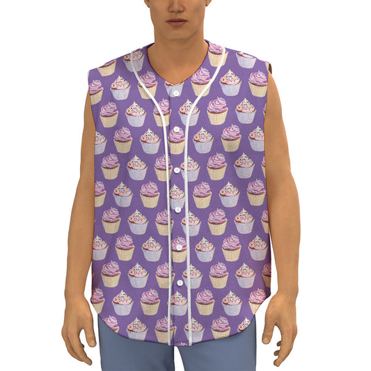 Purple Cupcake Pattern Print Sleeveless Baseball Jersey