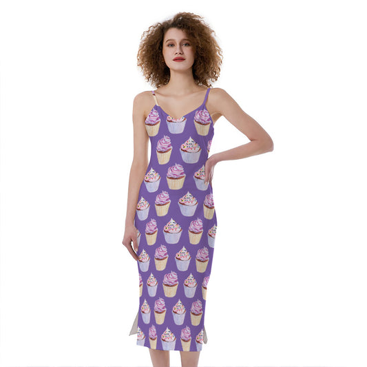 Purple Cupcake Pattern Print Slim Fit Midi Cami Dress