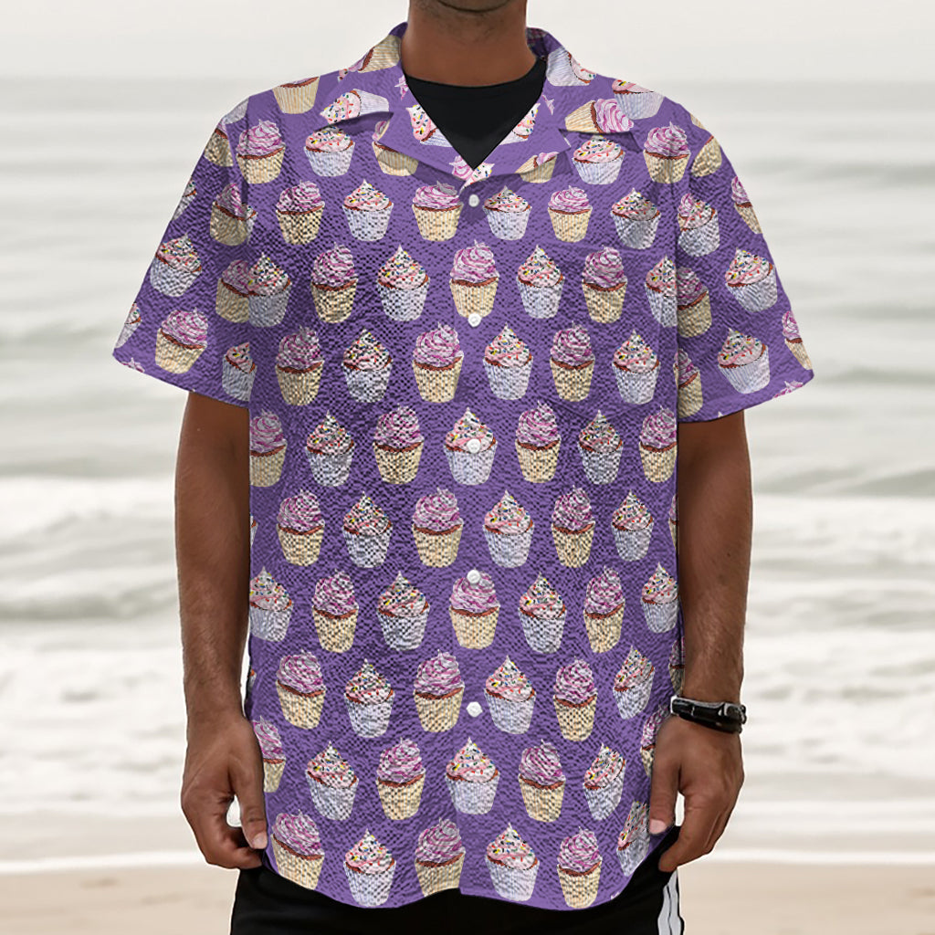 Purple Cupcake Pattern Print Textured Short Sleeve Shirt