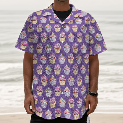 Purple Cupcake Pattern Print Textured Short Sleeve Shirt