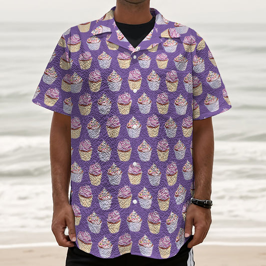 Purple Cupcake Pattern Print Textured Short Sleeve Shirt