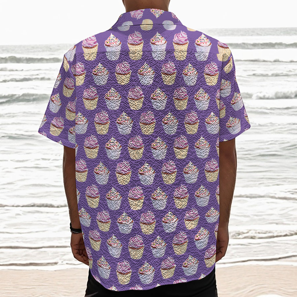 Purple Cupcake Pattern Print Textured Short Sleeve Shirt