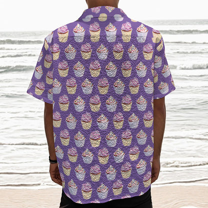 Purple Cupcake Pattern Print Textured Short Sleeve Shirt