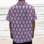 Purple Cupcake Pattern Print Textured Short Sleeve Shirt