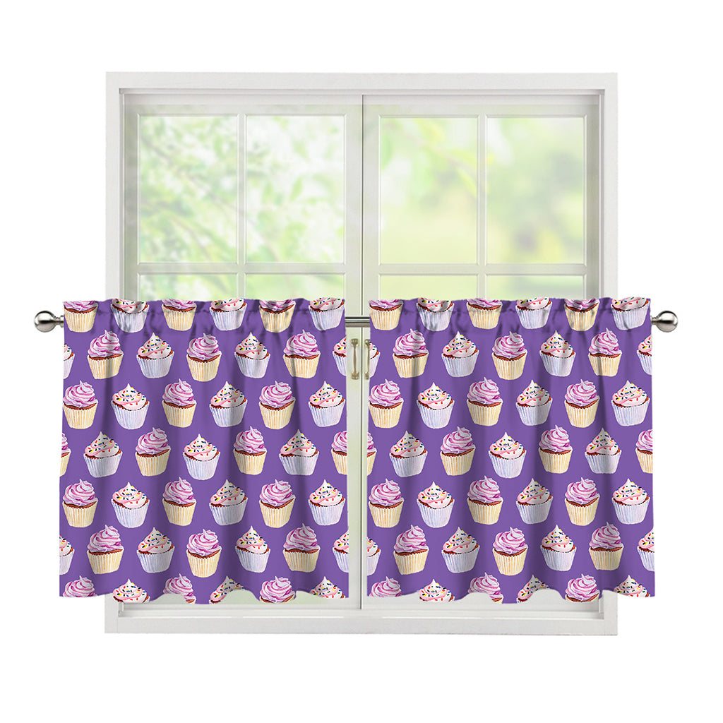 Purple Cupcake Pattern Print Tier Curtains