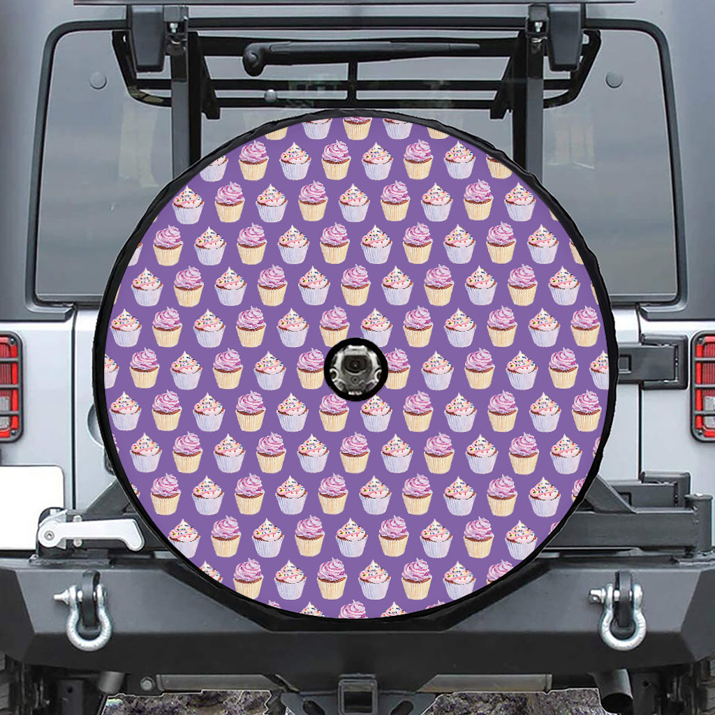 Purple Cupcake Pattern Print Tire Cover With Camera Hole