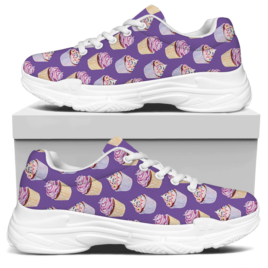 Purple Cupcake Pattern Print White Chunky Shoes