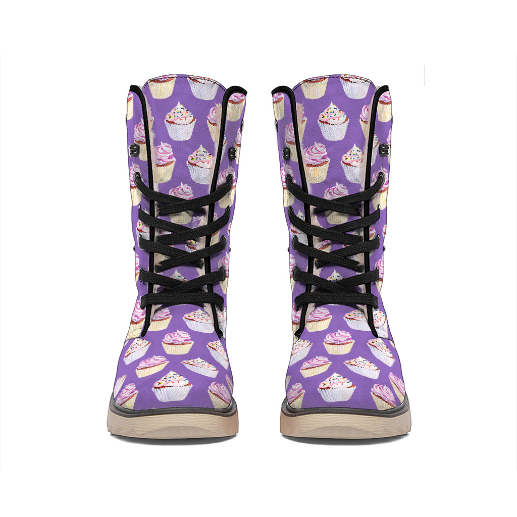 Purple Cupcake Pattern Print Winter Boots