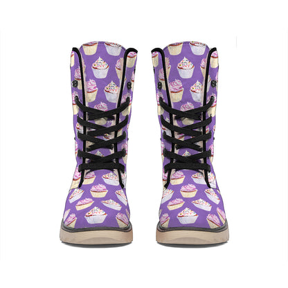 Purple Cupcake Pattern Print Winter Boots