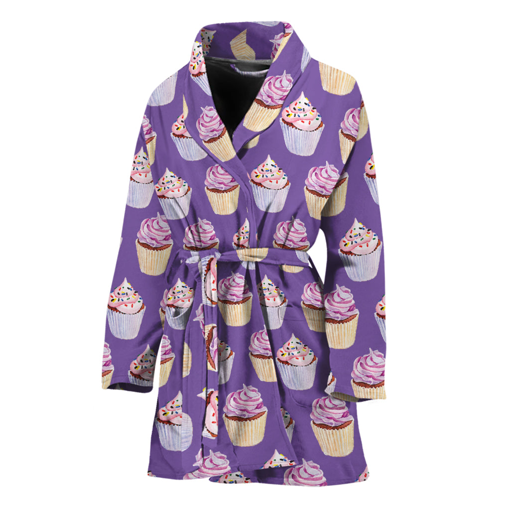 Purple Cupcake Pattern Print Women's Bathrobe