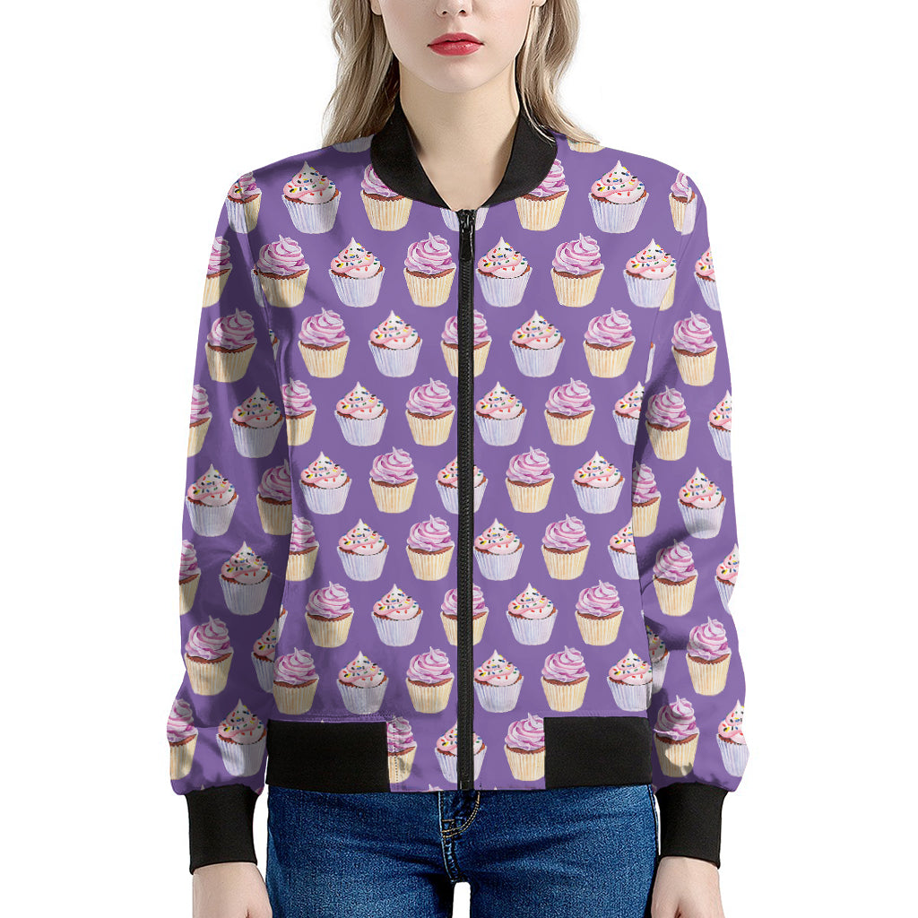 Purple Cupcake Pattern Print Women's Bomber Jacket