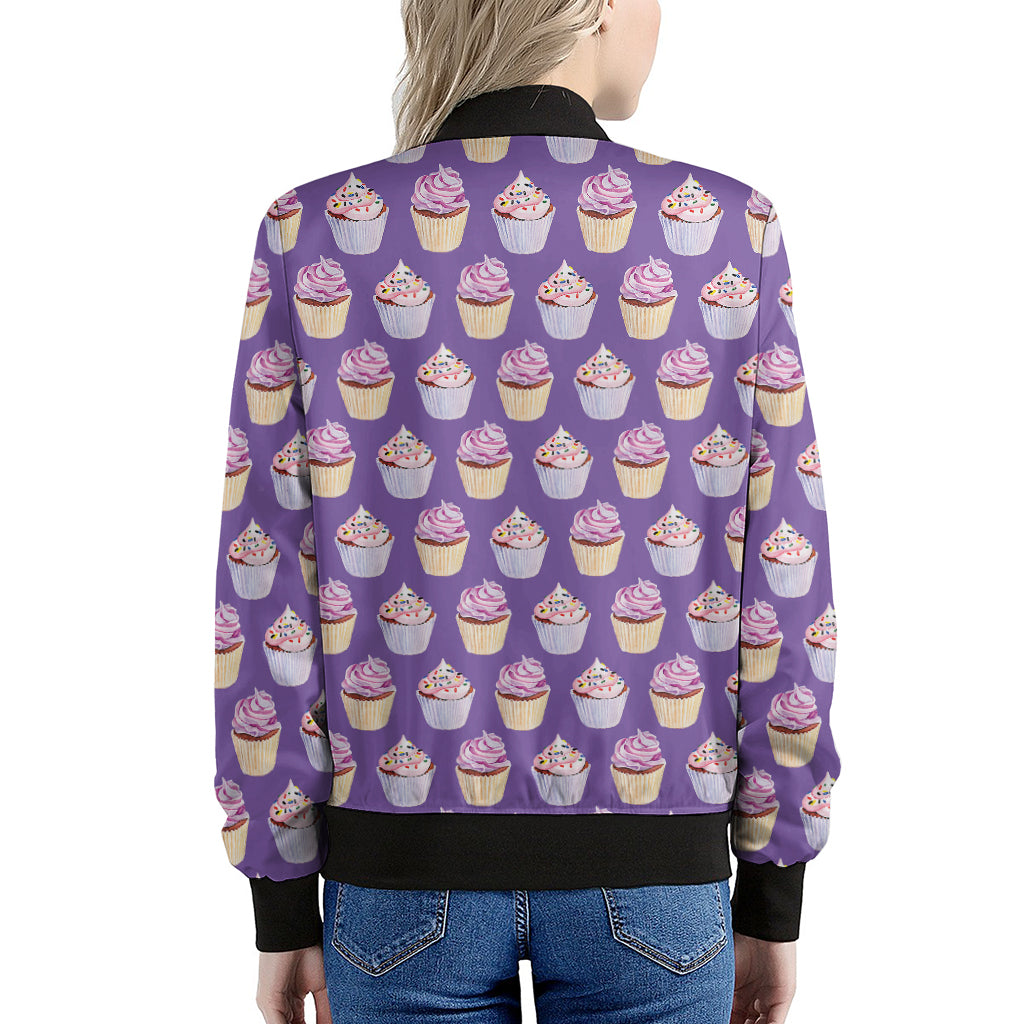 Purple Cupcake Pattern Print Women's Bomber Jacket