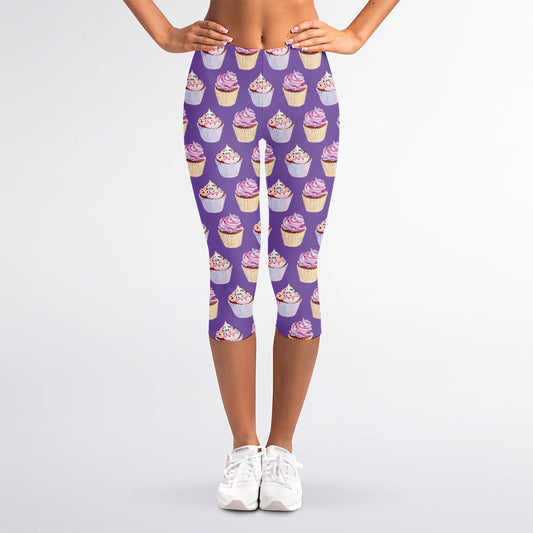 Purple Cupcake Pattern Print Women's Capri Leggings