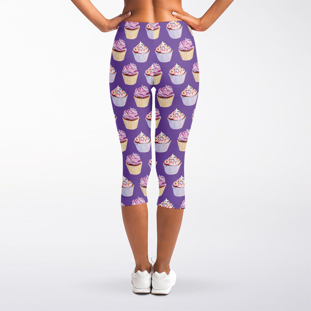 Purple Cupcake Pattern Print Women's Capri Leggings