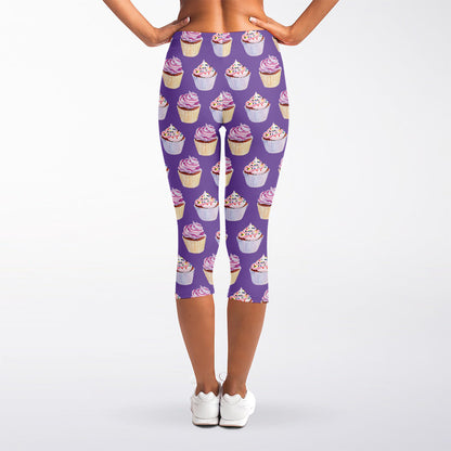 Purple Cupcake Pattern Print Women's Capri Leggings