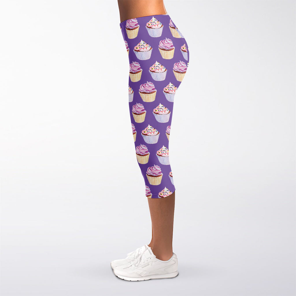 Purple Cupcake Pattern Print Women's Capri Leggings