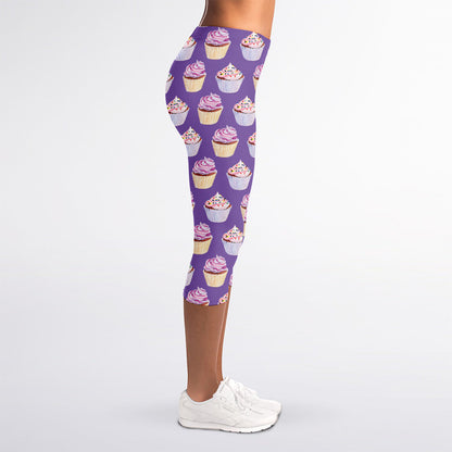 Purple Cupcake Pattern Print Women's Capri Leggings