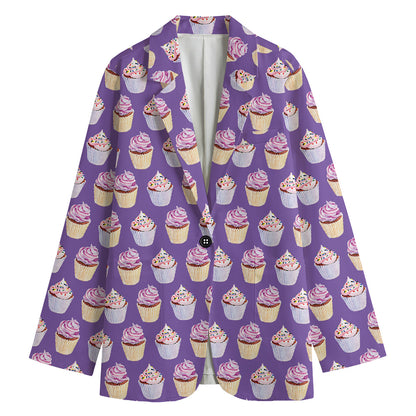 Purple Cupcake Pattern Print Women's Cotton Blazer