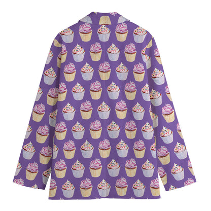 Purple Cupcake Pattern Print Women's Cotton Blazer