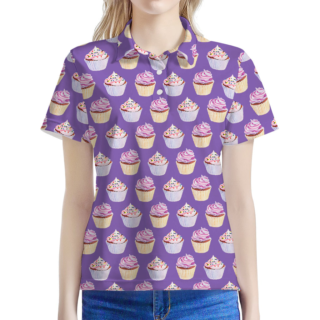 Purple Cupcake Pattern Print Women's Polo Shirt