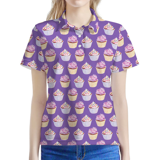 Purple Cupcake Pattern Print Women's Polo Shirt