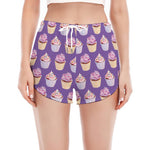 Purple Cupcake Pattern Print Women's Split Running Shorts