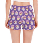 Purple Cupcake Pattern Print Women's Split Running Shorts