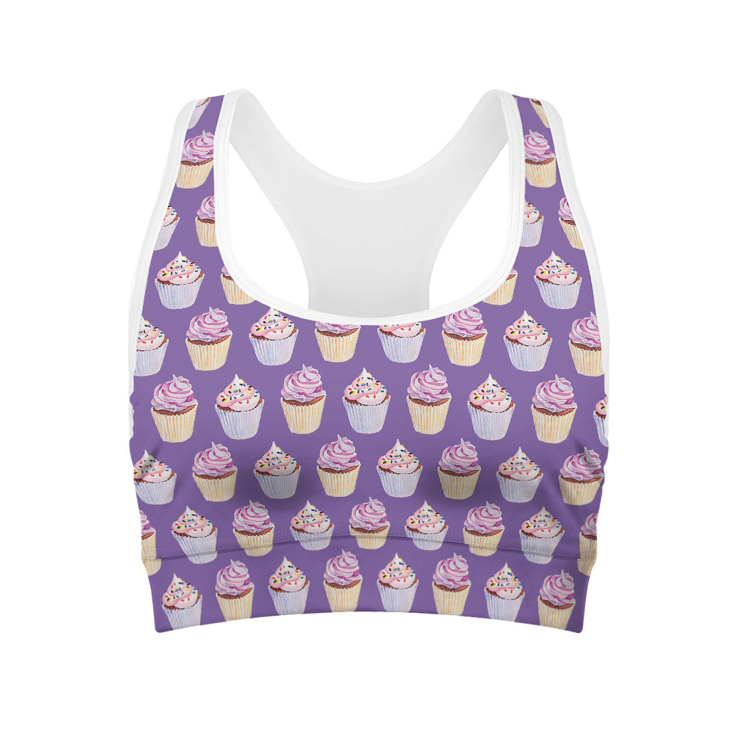 Purple Cupcake Pattern Print Women's Sports Bra