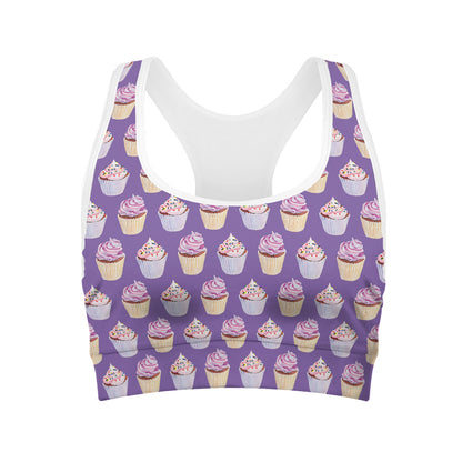 Purple Cupcake Pattern Print Women's Sports Bra