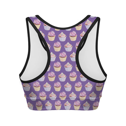 Purple Cupcake Pattern Print Women's Sports Bra