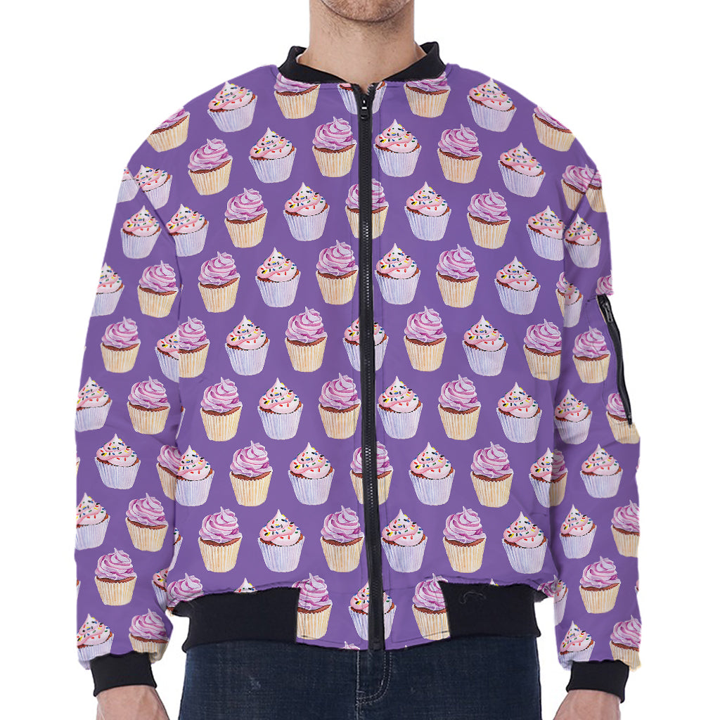 Purple Cupcake Pattern Print Zip Sleeve Bomber Jacket