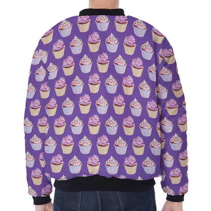 Purple Cupcake Pattern Print Zip Sleeve Bomber Jacket