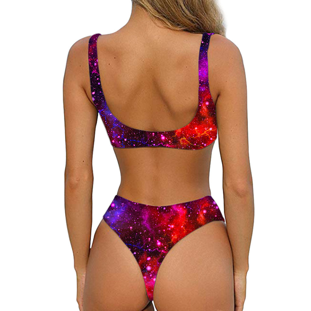 Purple Dark Galaxy Space Print Front Bow Tie Bikini