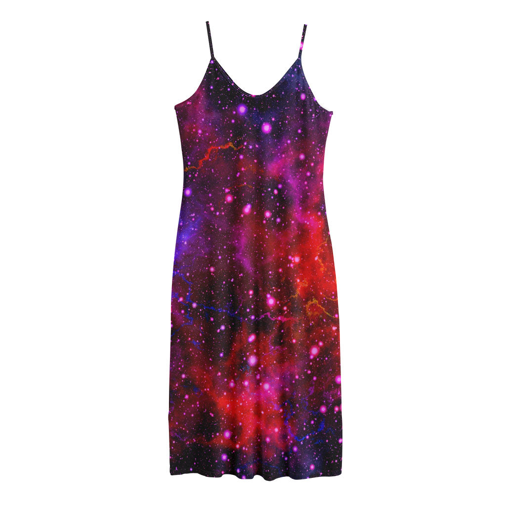 Purple Dark Galaxy Space Print Jersey Midi Cami Dress