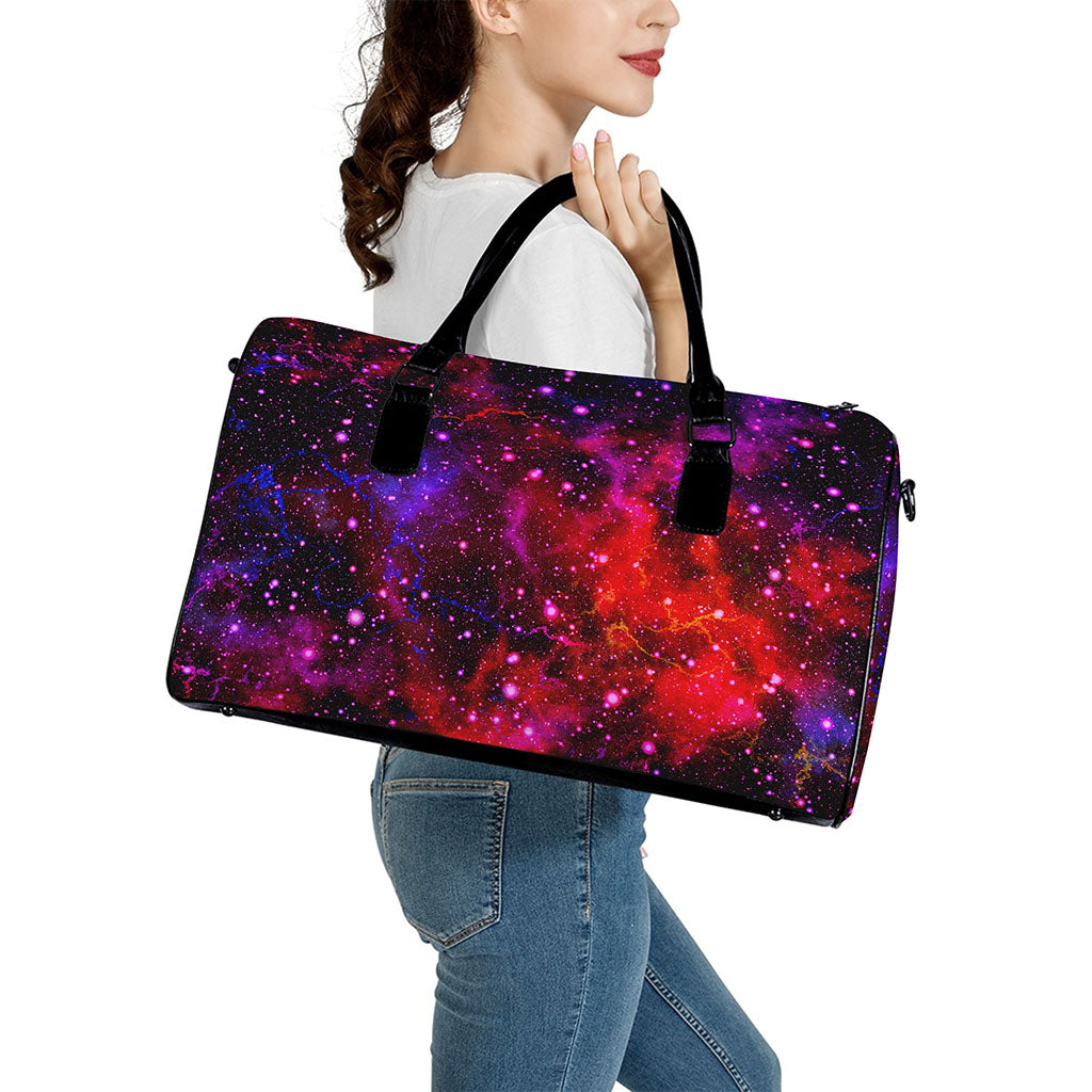 Purple Dark Galaxy Space Print Leather Duffle Bag