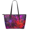 Purple Dark Galaxy Space Print Leather Tote Bag With Zipper