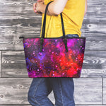 Purple Dark Galaxy Space Print Leather Tote Bag