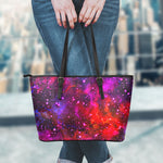 Purple Dark Galaxy Space Print Leather Tote Bag