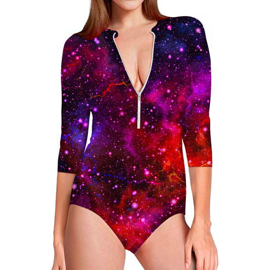 Purple Dark Galaxy Space Print Long Sleeve Swimsuit