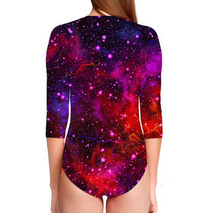 Purple Dark Galaxy Space Print Long Sleeve Swimsuit