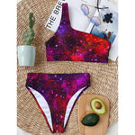 Purple Dark Galaxy Space Print One Shoulder Bikini Top