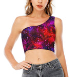 Purple Dark Galaxy Space Print One Shoulder Crop Top
