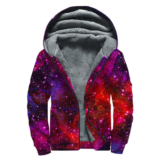 Purple Dark Galaxy Space Print Sherpa Lined Zip Up Hoodie
