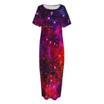 Purple Dark Galaxy Space Print Short Sleeve Long Nightdress