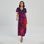 Purple Dark Galaxy Space Print Short Sleeve Maxi Dress