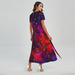 Purple Dark Galaxy Space Print Short Sleeve Maxi Dress