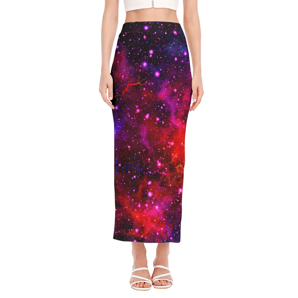 Purple Dark Galaxy Space Print Side Slit Maxi Skirt
