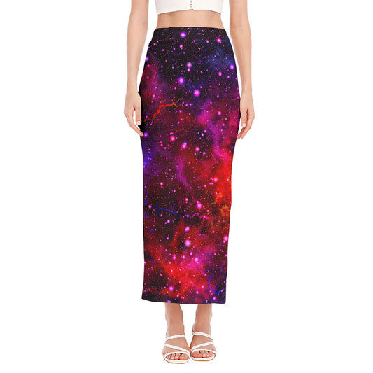 Purple Dark Galaxy Space Print Side Slit Maxi Skirt