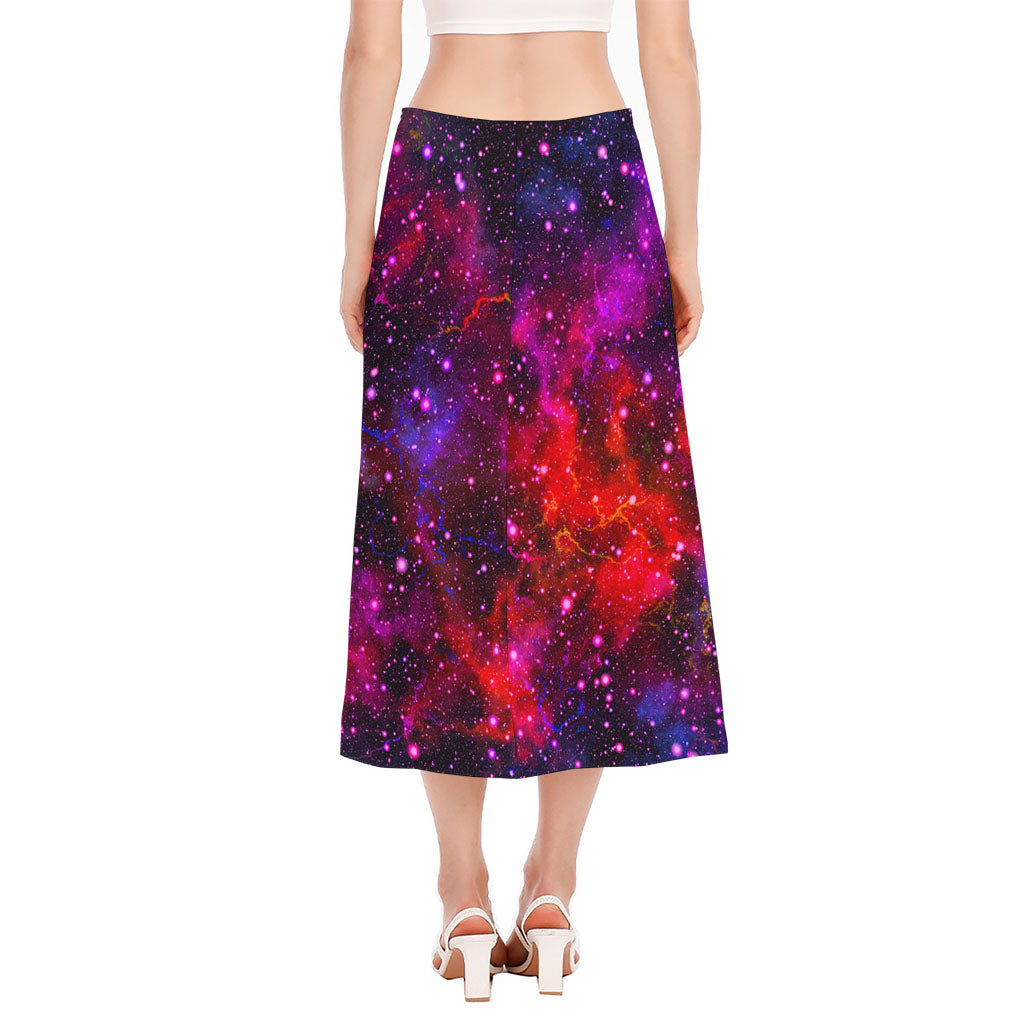 Purple Dark Galaxy Space Print Side Slit Midi Skirt